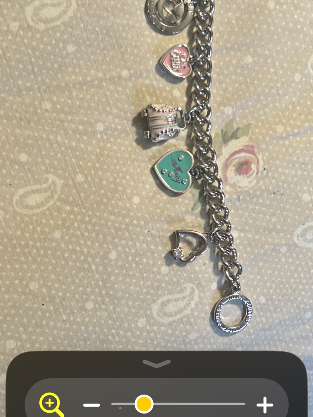 Silvertoned Vintage Juicy Couture Charm Bracelet with Pink and Teal Heart Charms